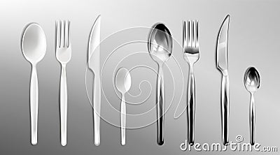 Vector realistic white plastic and steel cutlery Vector Illustration