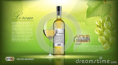 Vector Realistic Wine Bottle Mock up. White vine grapes. Green natural background with place for your branding. 3d Vector Illustration