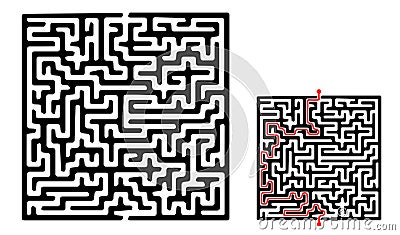 Vector rectangular labyrinth with red passing route. Difficulty level - easy. Maze in a shape of mole hole inside the Vector Illustration