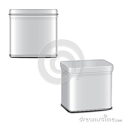 Vector rectangular white gloss tin can. Container for coffee, tea, sugar, sweet, spice. Realistic illustration packaging set Cartoon Illustration