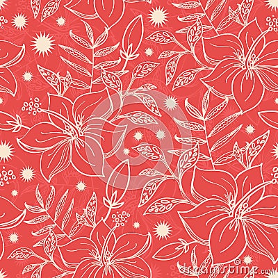 Vector red and beige tropical floral seamless Vector Illustration