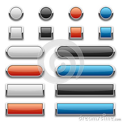 Vector red, blue, black and white glossy buttons with shiny metal frame Vector Illustration