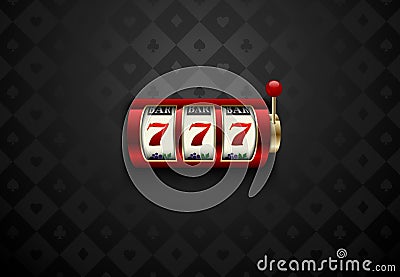 Vector red casino slot machine with lucky seven. Dark silk geometric card suits background. Online casino web banner Vector Illustration