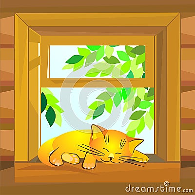 vector Red cat sleeping on the windowsill Vector Illustration