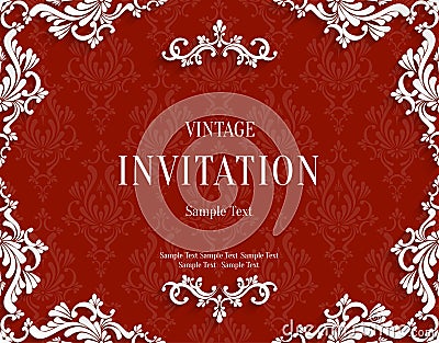 Vector Red 3d Vintage Invitation Card with Floral Damask Pattern Vector Illustration