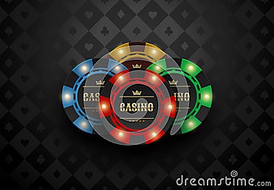 Vector red green blue yellow casino poker chip with luminous light elements. Black silk card suits background. Blackjack online Vector Illustration