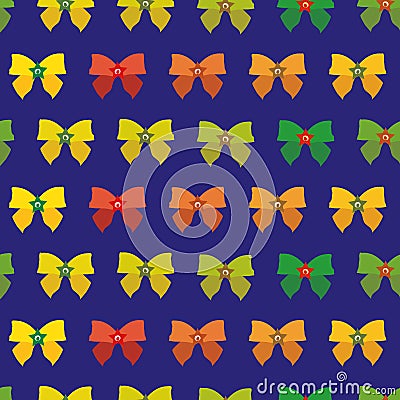 Vector red, green, gold gift bow seamless pattern background. Horizontal rows of decorative present bows on indigo Vector Illustration