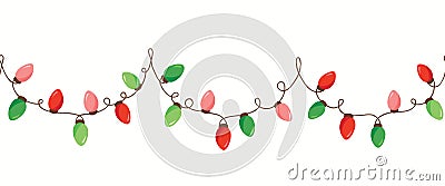 Vector Red Green Holiday Christmas New Year Intertwined String Lights Isolated Horizontal Seamless Border Background Vector Illustration