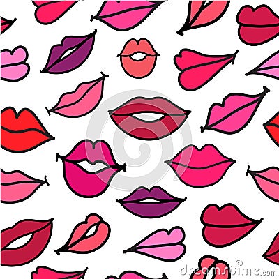 Vector red hand drawn kisses lips seamless Vector Illustration