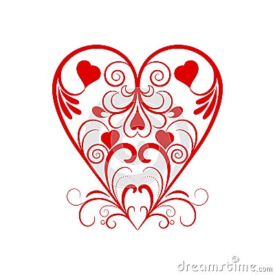 Vector Red Heart With Flower Curl Over White Vector Illustration