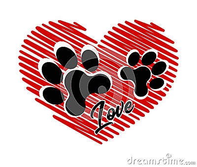 Vector red heart shape stencil love symbol with pets cats or dogs footprints paws. Vector Illustration