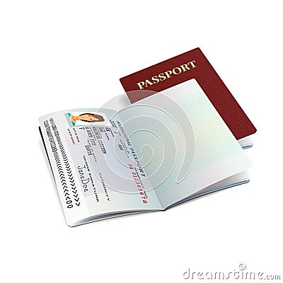 Vector red international passport template with sample personal womans data page Vector Illustration