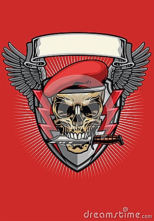 Red military beret skull with knife design Vector Illustration