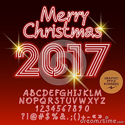 Vector red neon Merry Christmas 2017 greeting card Vector Illustration