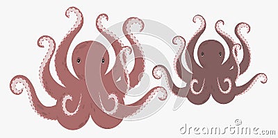 Vector red octopus illustration. Squid octopus animal in ocean. Cartoon Illustration