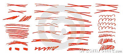 Vector red underline strokes. Brush pen marker Hand drawn strike through lines. Grungy red paint emphasis scribbles isolated on Cartoon Illustration