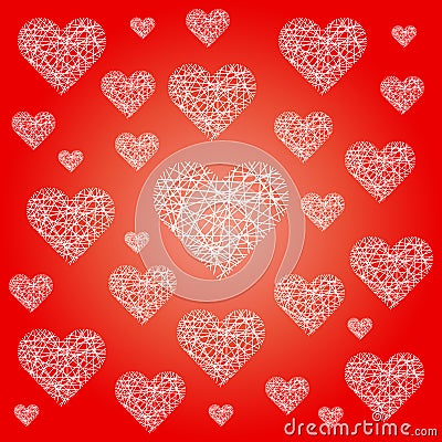 Vector red valentine festive pattern background with irregular white sketchy hearts Vector Illustration