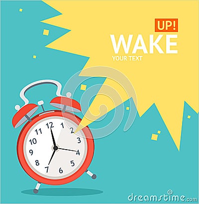 Vector red wakeup clock card. Flat Design Vector Illustration