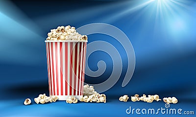Vector red and white cardboard bucket with popcorn in realistic style Vector Illustration