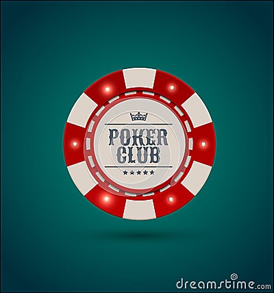 Vector red white casino poker chip with luminous light elements. Blue green background. Poker club text, blackjack Vector Illustration