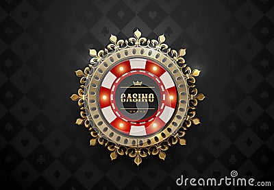 Vector red white casino poker chip with luminous light elements and golden crown wreath frame. Black silk geometric card suits Vector Illustration