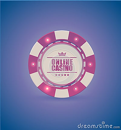 Vector red white casino poker chip with luminous light elements. Purple retro effect background. Poker club text, blackjack Vector Illustration