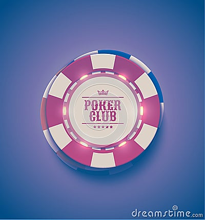 Vector red white casino poker chips with luminous light elements, top view. Retro purple effect. Poker club text, vintage Vector Illustration