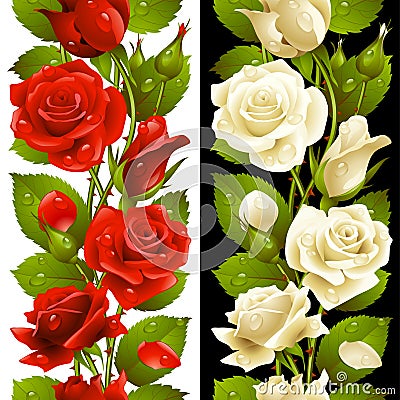 Vector red and white rose vertical seamless patter Vector Illustration