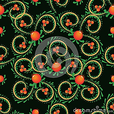 Vector red and yellow swirls and berries seamless pattern in khokhloma style Vector Illustration