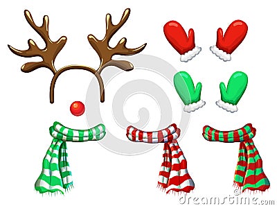 Vector reindeer face template isolated on white. antlers headband red nose scarf and mittens for holiday design. Xmas Vector Illustration