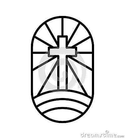 Vector religion line cross on half round earth and rays. Jesus Christ logo icon illustration. Lord on Calvary is center Vector Illustration