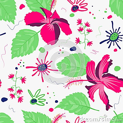 Vector repeat hawaii hibiscus rose mallow artwork for wallcovering, bag, upholstery with polychrome colours Vector Illustration