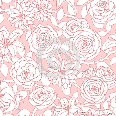 Vector repeat pattern with lily, chrysanthemum, camellia, peony and rose flowers outline on the pink background. Vector Illustration