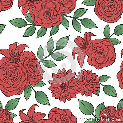 Vector repeat pattern with red lily, chrysanthemum, camellia, peony and rose flowers and leaves Vector Illustration