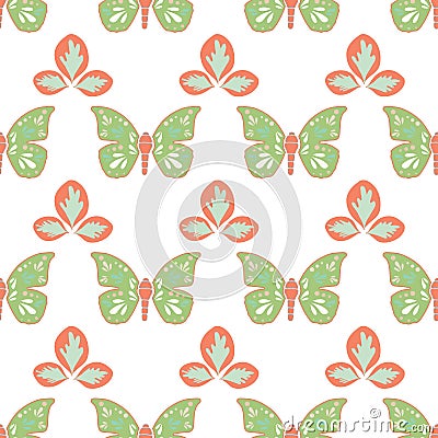 Vector repeat seamless pattern with leaves and butterflies. Vector Illustration