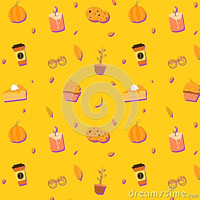 Vector repeated autumn pattern with autumn elements: foliage, pimpkin cupcake glasses coffee candle plant cookies on Vector Illustration