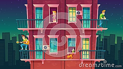 Vector residential multi-storey apartment, neighborhood. Leisure of people Vector Illustration