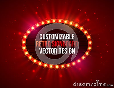 Vector Retro Billboard or Lightbox Illustration with Customizable Design on Shiny Red Background. Light Bulb Frame or Vector Illustration