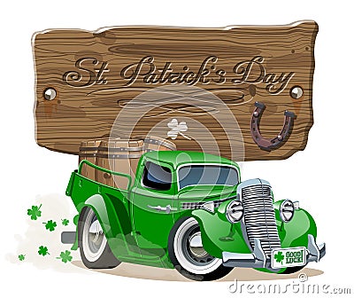 Vector Saint Patrick`s retro cartoon beer pick-up Vector Illustration