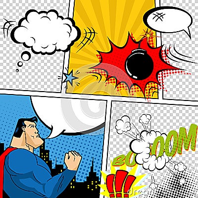 Vector Retro Comic Book Speech Bubbles Illustration. Mock-up of Comic Book Page with place for Text, Speech Bubbls, Symbols, Sound Vector Illustration