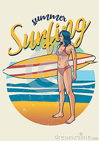 Retro design girl holding surf board Vector Illustration