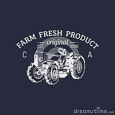 Vector retro family farm logotype. Organic premium quality products logo. Vintage hand sketched tractor icon. Vector Illustration