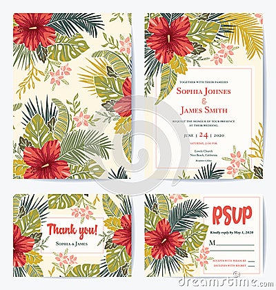 Vector Retro Floral Exotic Tropical Wedding Invitation, Thank you, RSVP Card Set. See portfolio for matching dinner set Vector Illustration