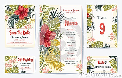 Vector Retro Floral Exotic Tropical Wedding Save the Date, Menu Card Set. See portfolio for matching invitation set Vector Illustration