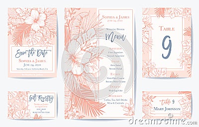 Vector Retro Floral Exotic Tropical Wedding Save the Date, Menu Card Set. See portfolio for matching invitation set Vector Illustration