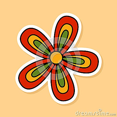 Vector Retro Flower sticker isolated on yellow background. 70s style cartoon rainbow flower head with white contour Vector Illustration