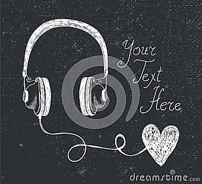 Vector retro hand drawn doodle headphones, earphones with heart Vector Illustration