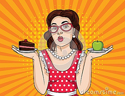 Vector retro illustration pop art comic style of a emotional woman trying to make a decision between healthy and unhealthy food Cartoon Illustration
