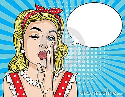 Vector retro illustration of pop art comic style emotional woman trying to tell secret message. Cartoon Illustration