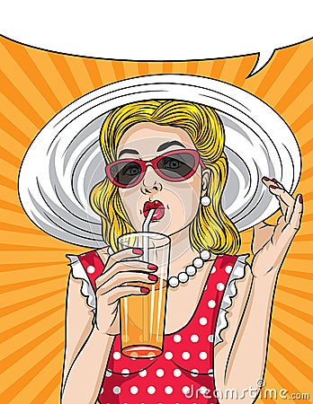 Summer time vintage poster of a beautiful girl drinking a cocktail with orange juice Vector Illustration